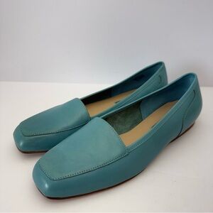 Enzo Angiolini Teal Leather Loafers 8M Square Toe Slip On Flats Comfort Workwear